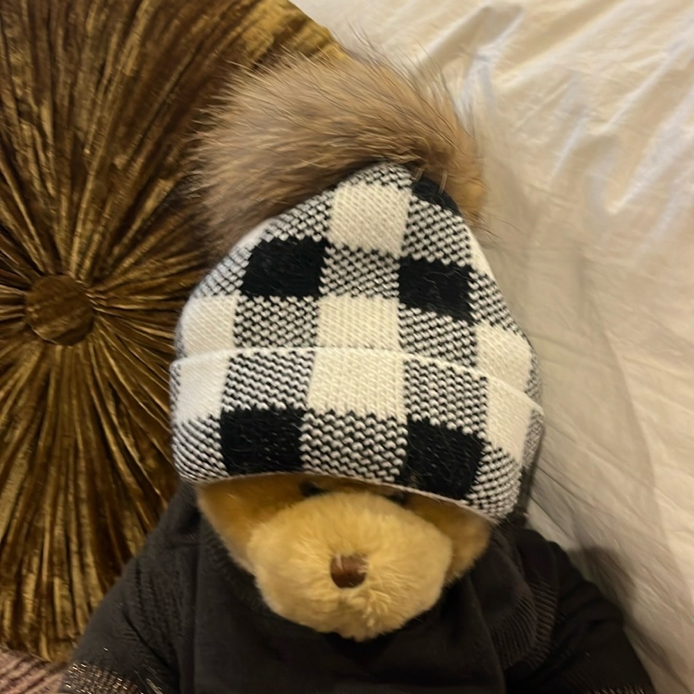 Luxurious Buffalo plaid children’s hat with rabbit fur pompom.